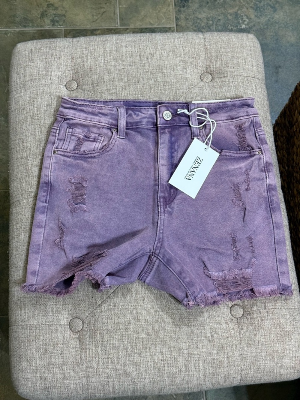 Zenana Outfitters Lavender Purple Distressed Denim Shorts - Picture 3 of 4